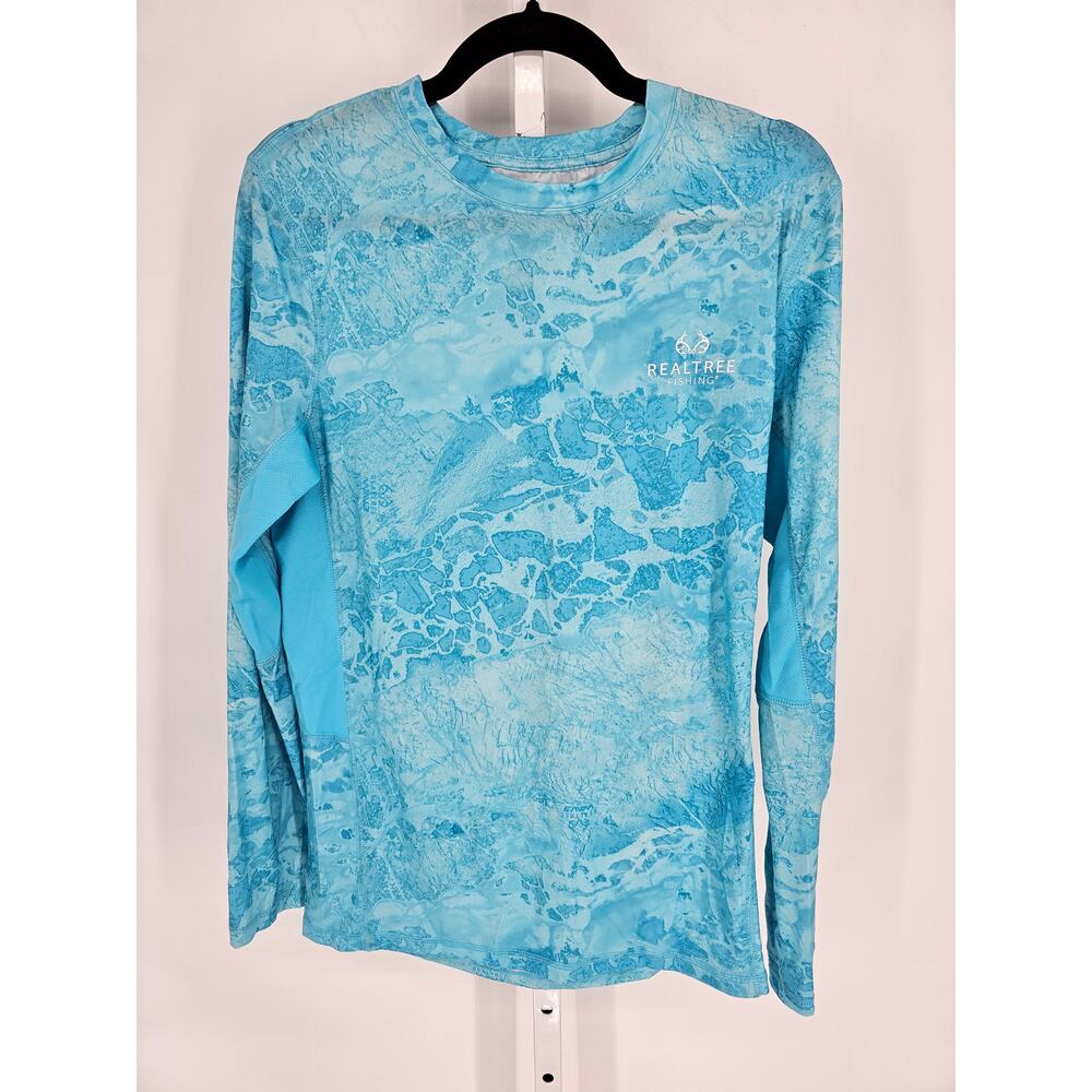 Realtree Fishing Mens Sz S Long Sleeve Athletic T Shirt Blue Water Print